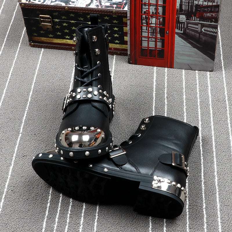 Black Studded Boots, Flat Heel Boots, Men's Martin Boots - available at Sparq Mart