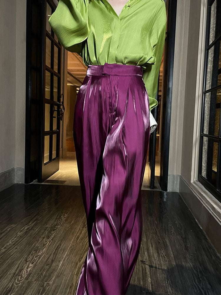 Breathable Satin Pants, Purple Satin Trousers, Satin Wide-Leg Pants - available at Sparq Mart