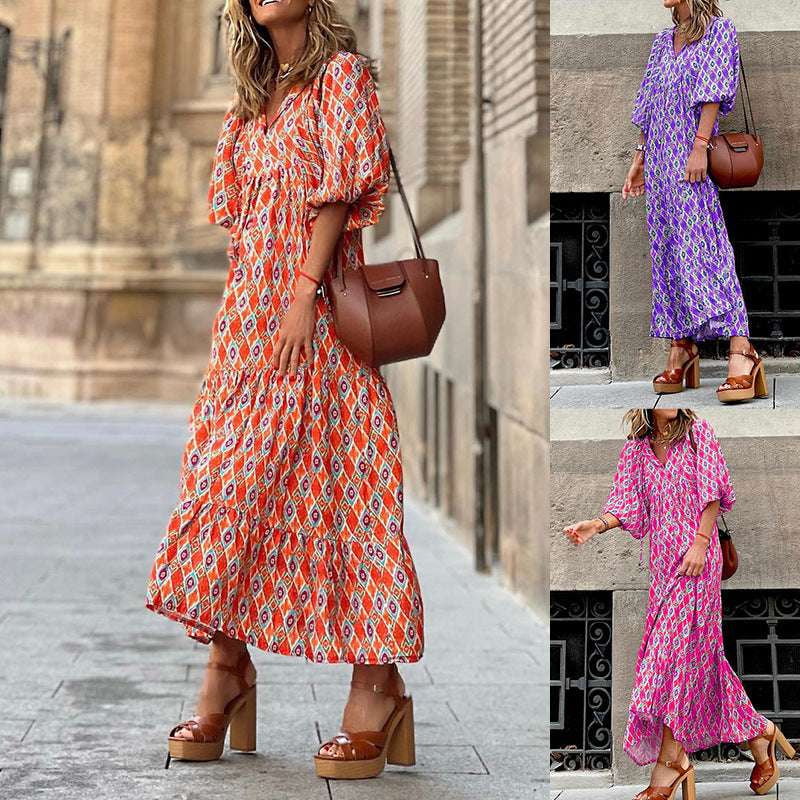 boho summer dress, lantern sleeve dress, v neck bohemian - available at Sparq Mart