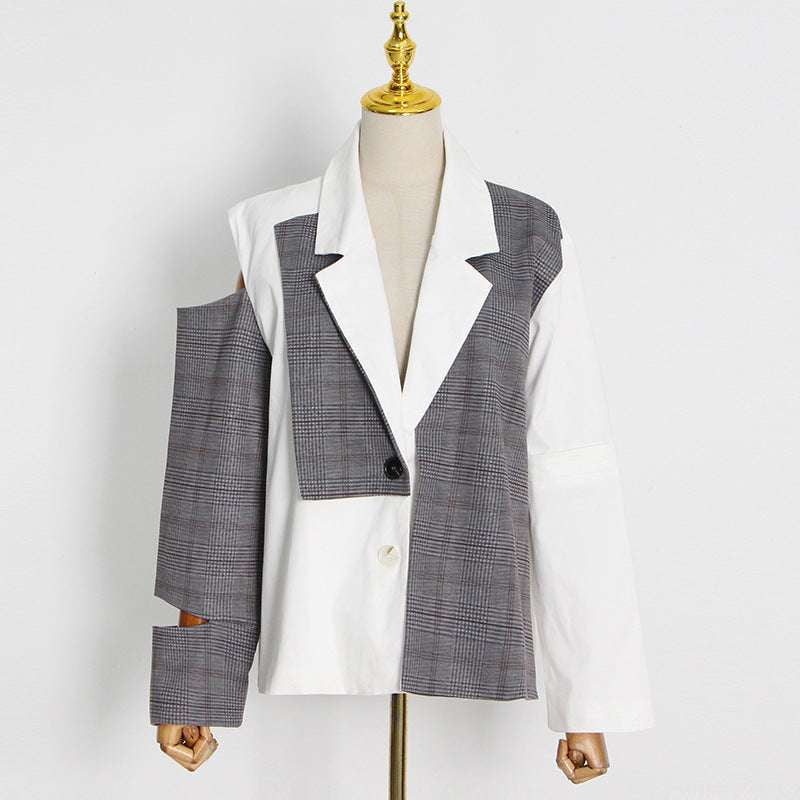 autumn plaid blazer, off-shoulder suit jacket, retro style coat - available at Sparq Mart