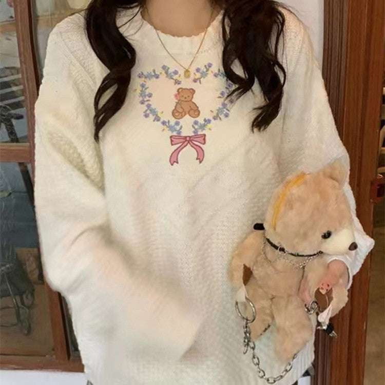 bear sweater womens, casual sweater chic, embroidered white top - available at Sparq Mart