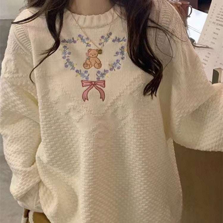 bear sweater womens, casual sweater chic, embroidered white top - available at Sparq Mart