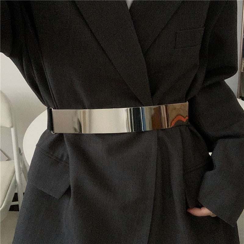 Elastic Dress Belt, Glossy Metal Waistband, Gold Silver Belt - available at Sparq Mart