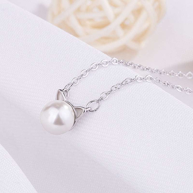 Elegant Clavicle Chain, Pearl Cat Necklace, Temperament Kitten Necklace - available at Sparq Mart