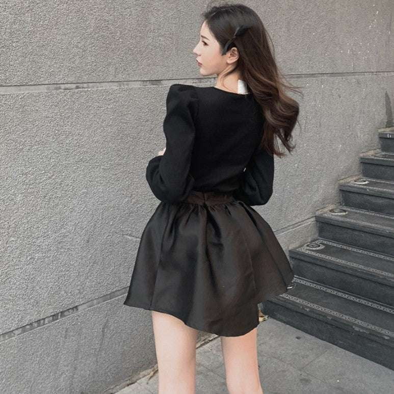 Black Skirt Set, Bowknot Top Set, Puff Sleeve Outfit - available at Sparq Mart