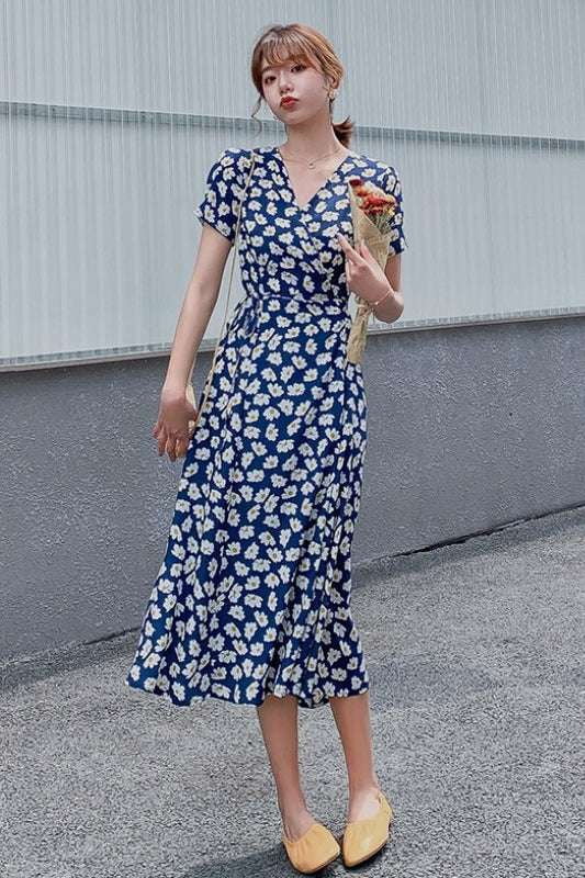 Casual Puff Sleeve Attire, Elegant V-neck Midi Dress, Floral Chiffon Summer Dress - available at Sparq Mart