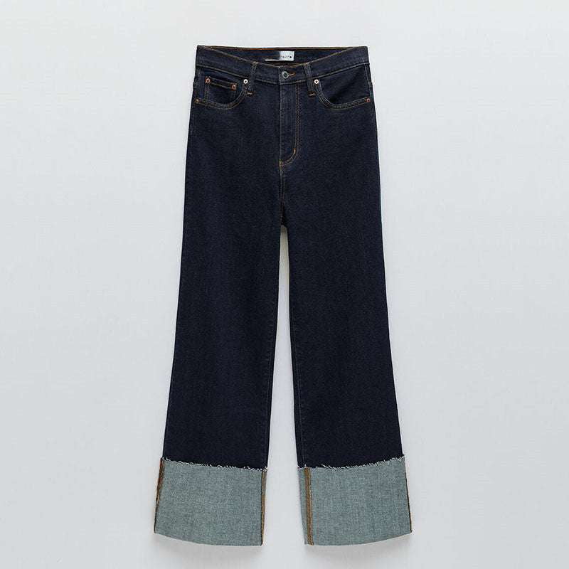 high-rise denim jeans, rolled-up jeans fashion, wide-leg jean trends - available at Sparq Mart