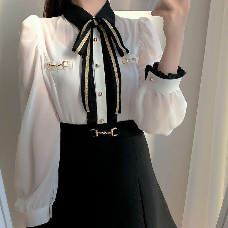 Autumn Bow Tie Shirt, Korean Style Clothing, Women's Chiffon Blouse - available at Sparq Mart