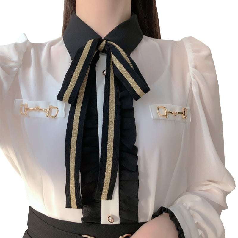 Autumn Bow Tie Shirt, Korean Style Clothing, Women's Chiffon Blouse - available at Sparq Mart