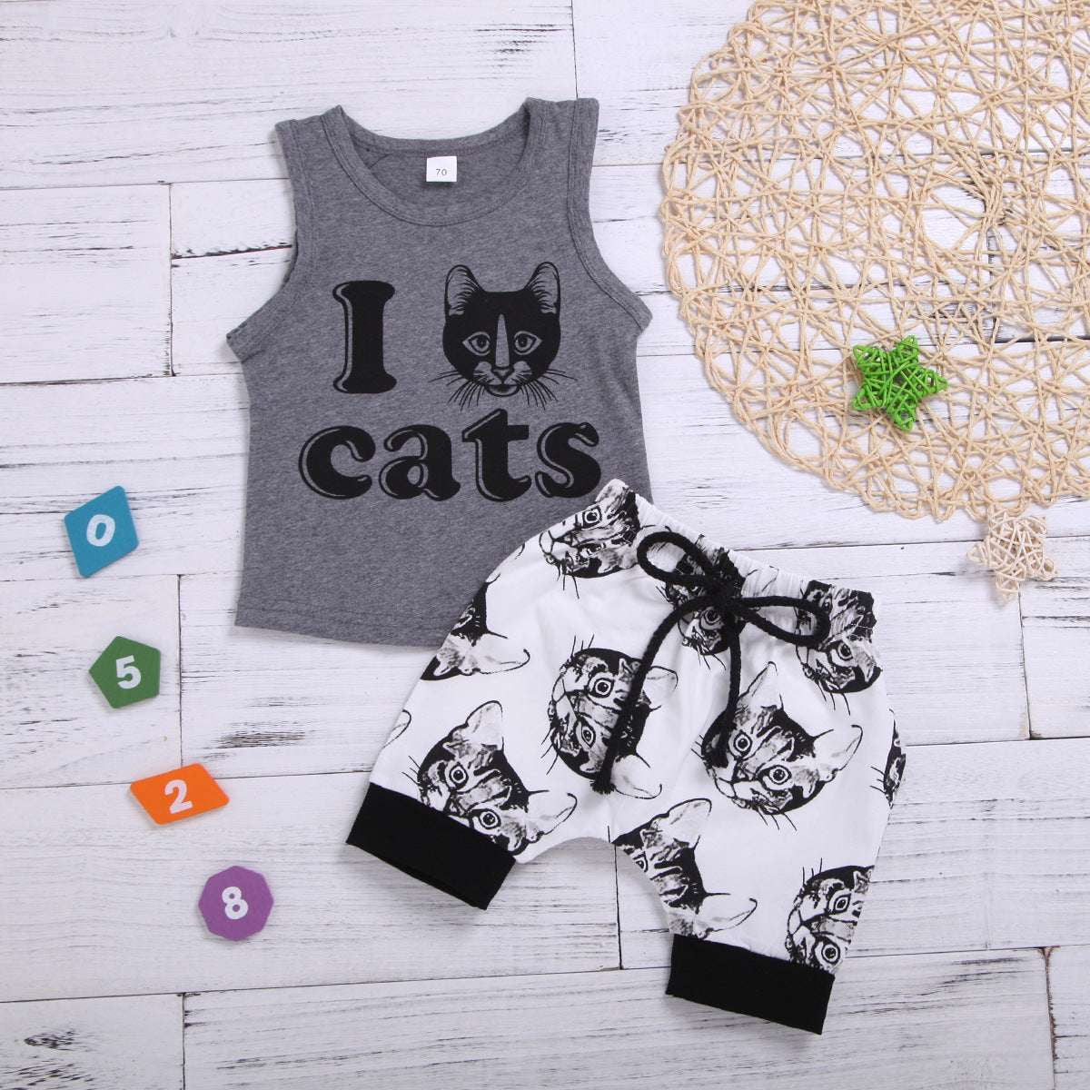 Cat Print Bottoms, Kids Cotton Outfit, Printed Sleeveless Top - available at Sparq Mart