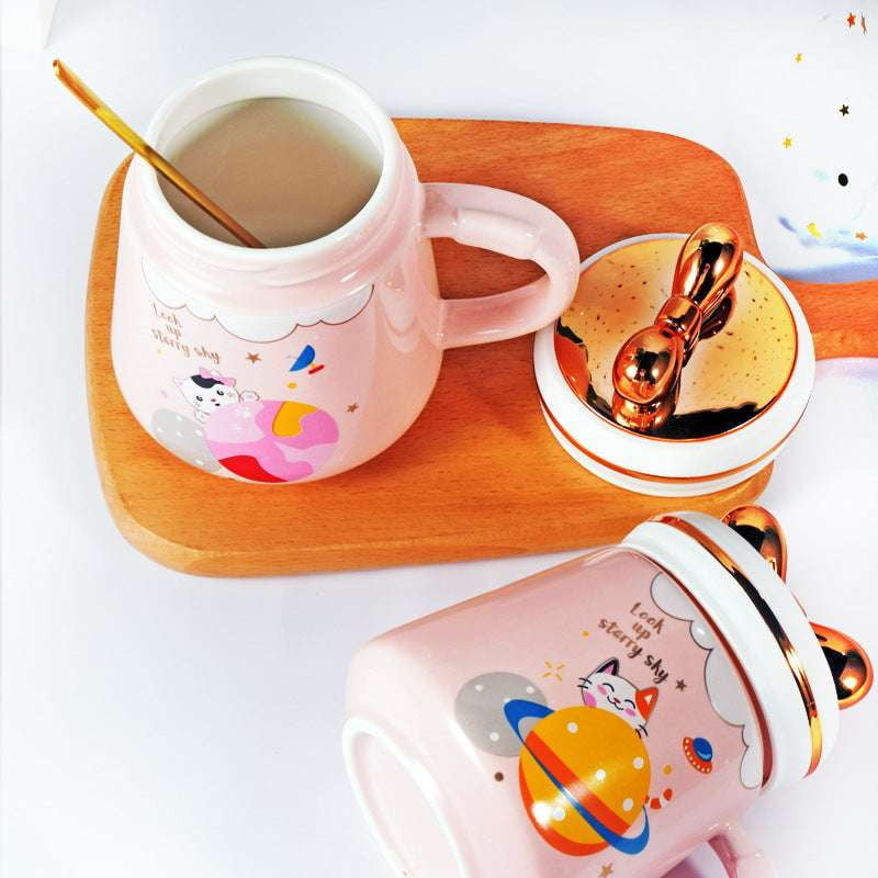 Cat Ceramic Mug, Large Capacity Mug, Lid Covered Mug - available at Sparq Mart