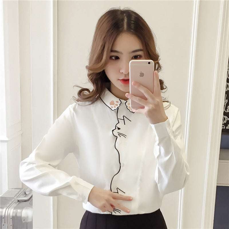 Cat Embroidery Shirt, Cute White Blouse, Loose Shirt Blouse - available at Sparq Mart