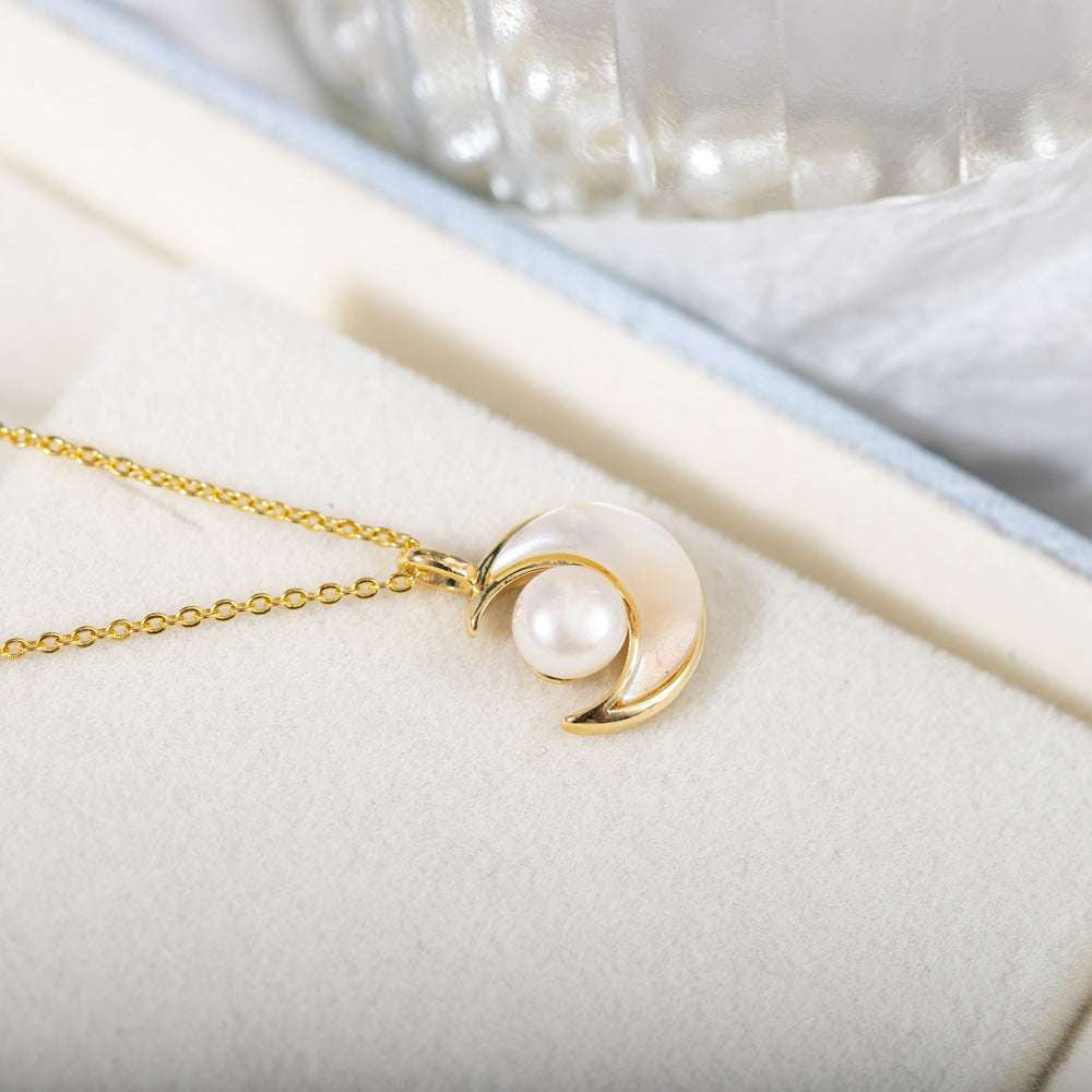 Elegant Moon Pendant Necklace, Gold Pearl Necklace Women, Vintage Style Pearl Jewelry - available at Sparq Mart