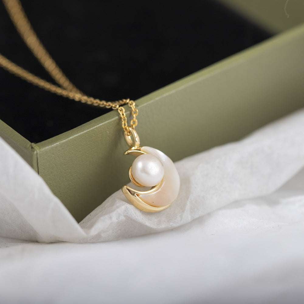 Elegant Moon Pendant Necklace, Gold Pearl Necklace Women, Vintage Style Pearl Jewelry - available at Sparq Mart