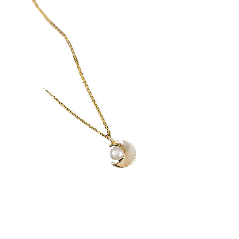 Elegant Moon Pendant Necklace, Gold Pearl Necklace Women, Vintage Style Pearl Jewelry - available at Sparq Mart