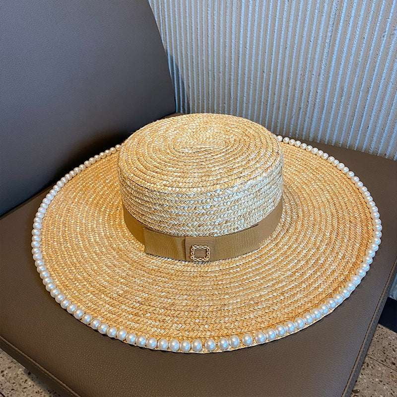 Elegant Straw Hat, Natural Big Brim, Pearl Adorned Hat - available at Sparq Mart