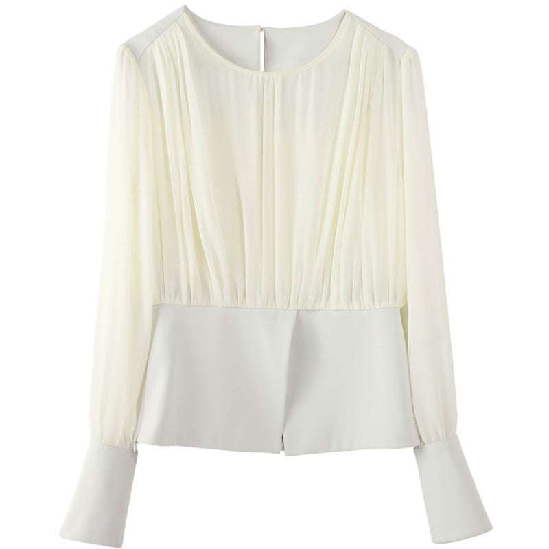 Chic Temperament Shirt, Elegant Pleated Top, Women's Round Neck - available at Sparq Mart