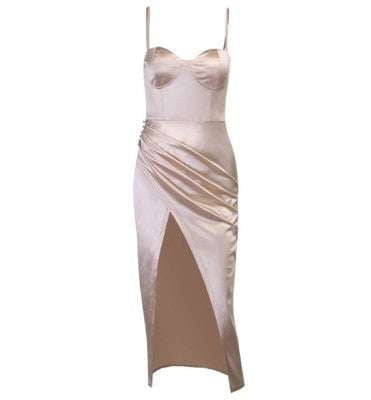 Elegant Satin Dress, High Slit Eveningwear, Sexy Pleated Gown - available at Sparq Mart