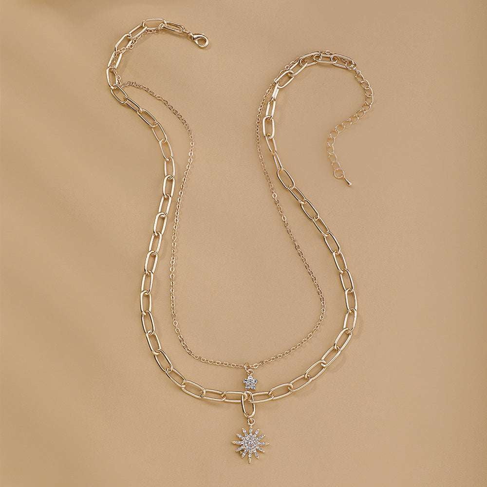 fashionable alloy jewelry, layered star pendant, sunflower chain necklace - available at Sparq Mart