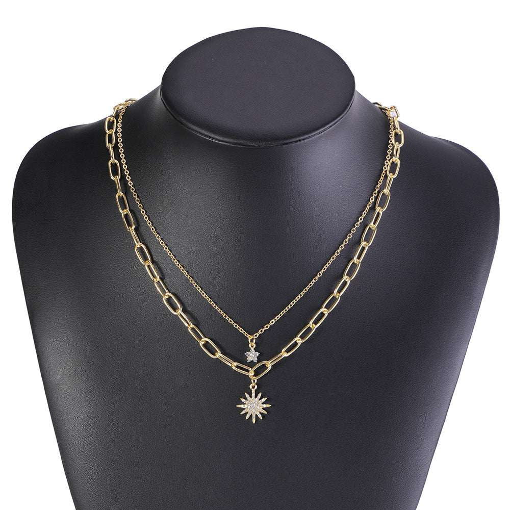 fashionable alloy jewelry, layered star pendant, sunflower chain necklace - available at Sparq Mart