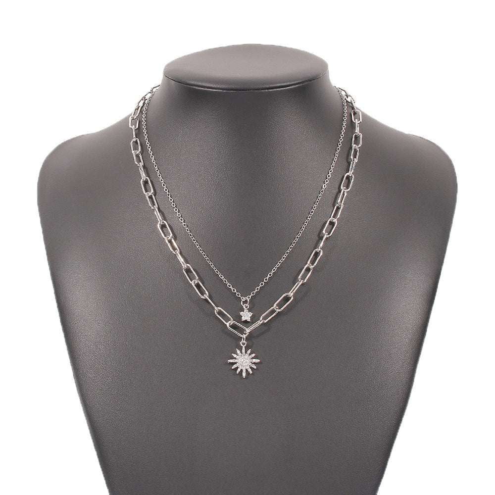 fashionable alloy jewelry, layered star pendant, sunflower chain necklace - available at Sparq Mart