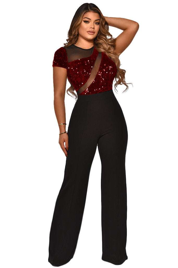 Chic Sleeve Jumpsuit, Elegant Evening Jumpsuit, Sequined Party Outfit - available at Sparq Mart