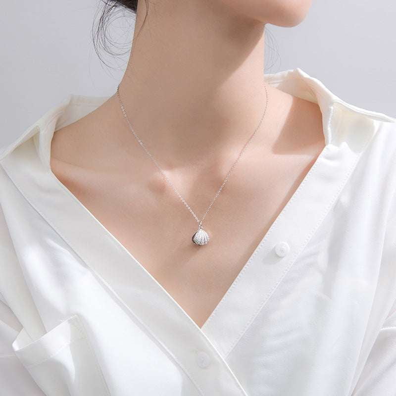 chain pearl jewelry, women pendant necklace, zircon shell necklace - available at Sparq Mart