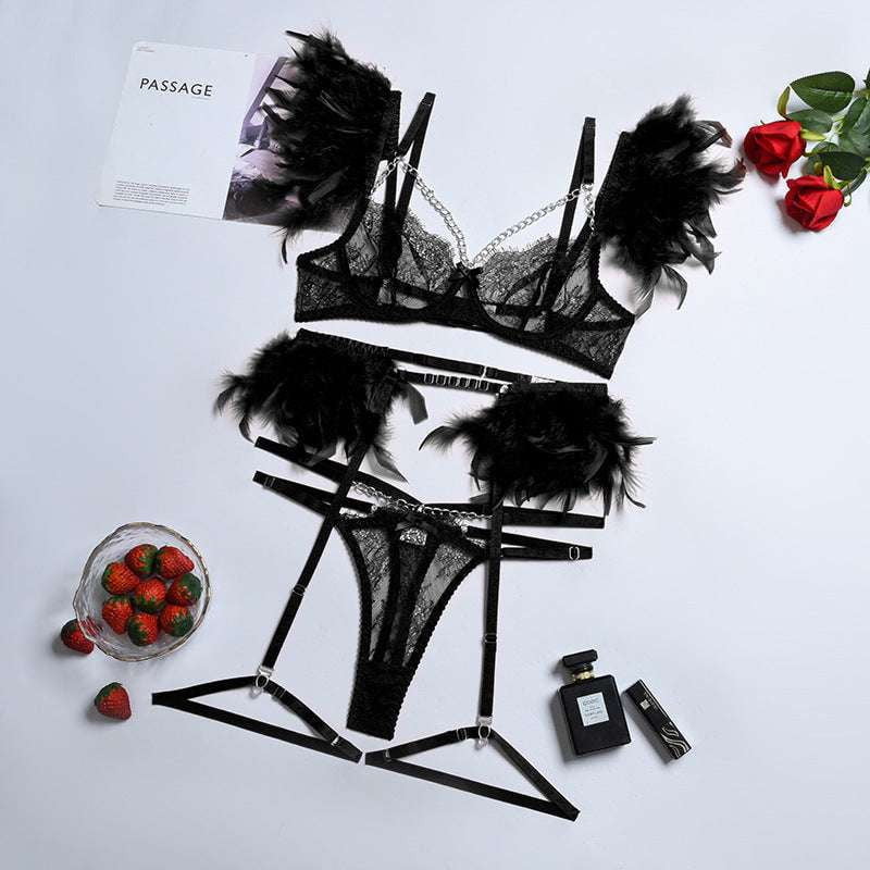 Feather Eyelash Intimates, Lace Lingerie Set, Three-Piece Underwear - available at Sparq Mart