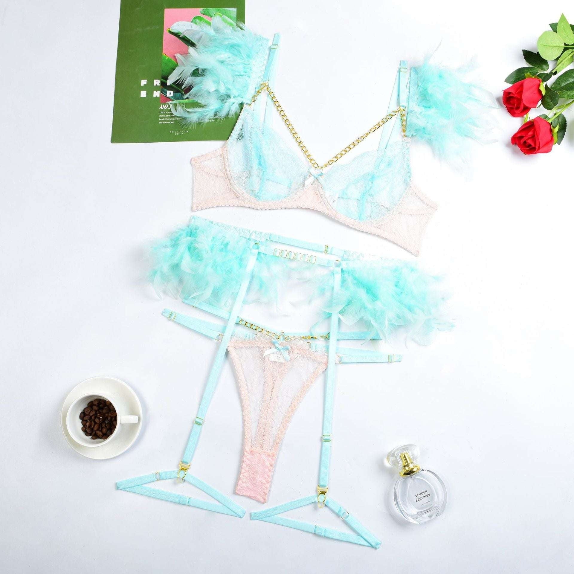 Feather Eyelash Intimates, Lace Lingerie Set, Three-Piece Underwear - available at Sparq Mart