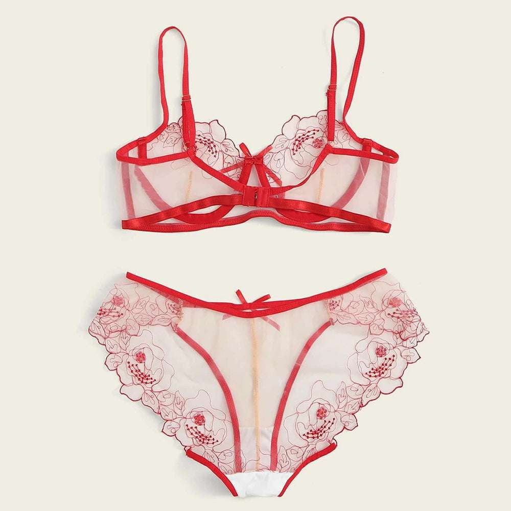 Embroidered Lingerie Set Sheer Mesh Intimates Elegant Boudoir Wear - available at Sparq Mart