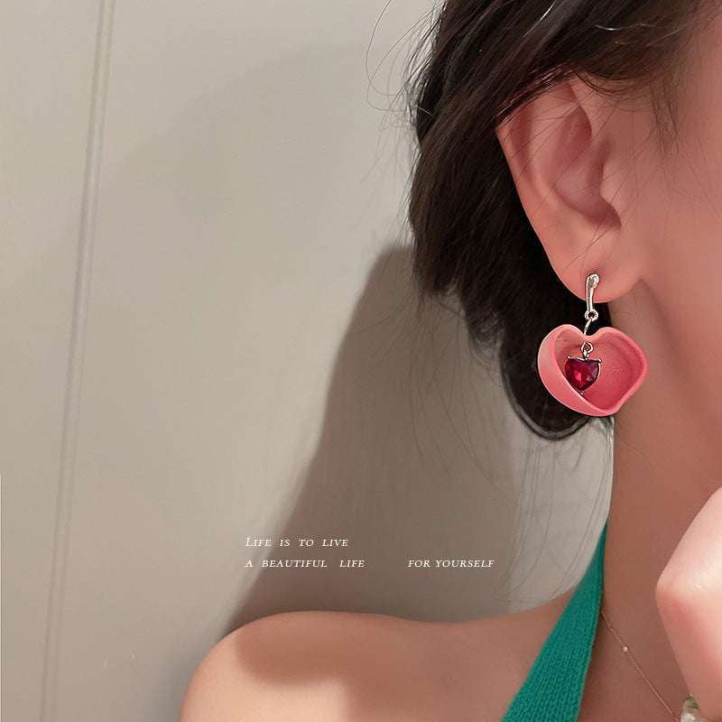 925 Silver Ear-studs, Crystal Love Earrings, Silver Peach Earrings - available at Sparq Mart