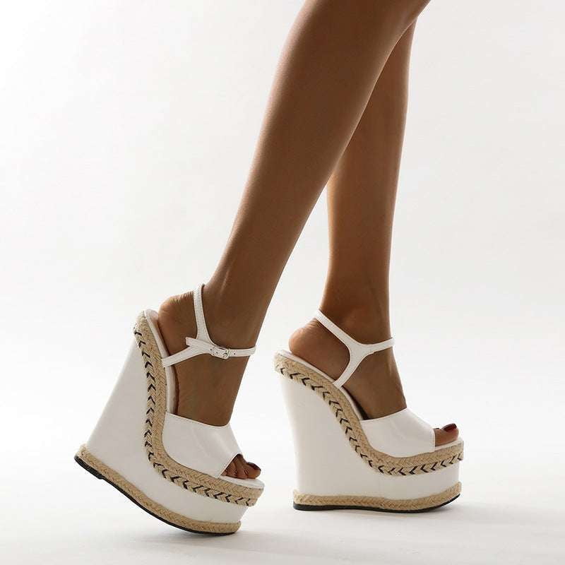 Fairy-style Wedge Sandals, High-heeled Fish-mouth, Straw Woven Sandals - available at Sparq Mart