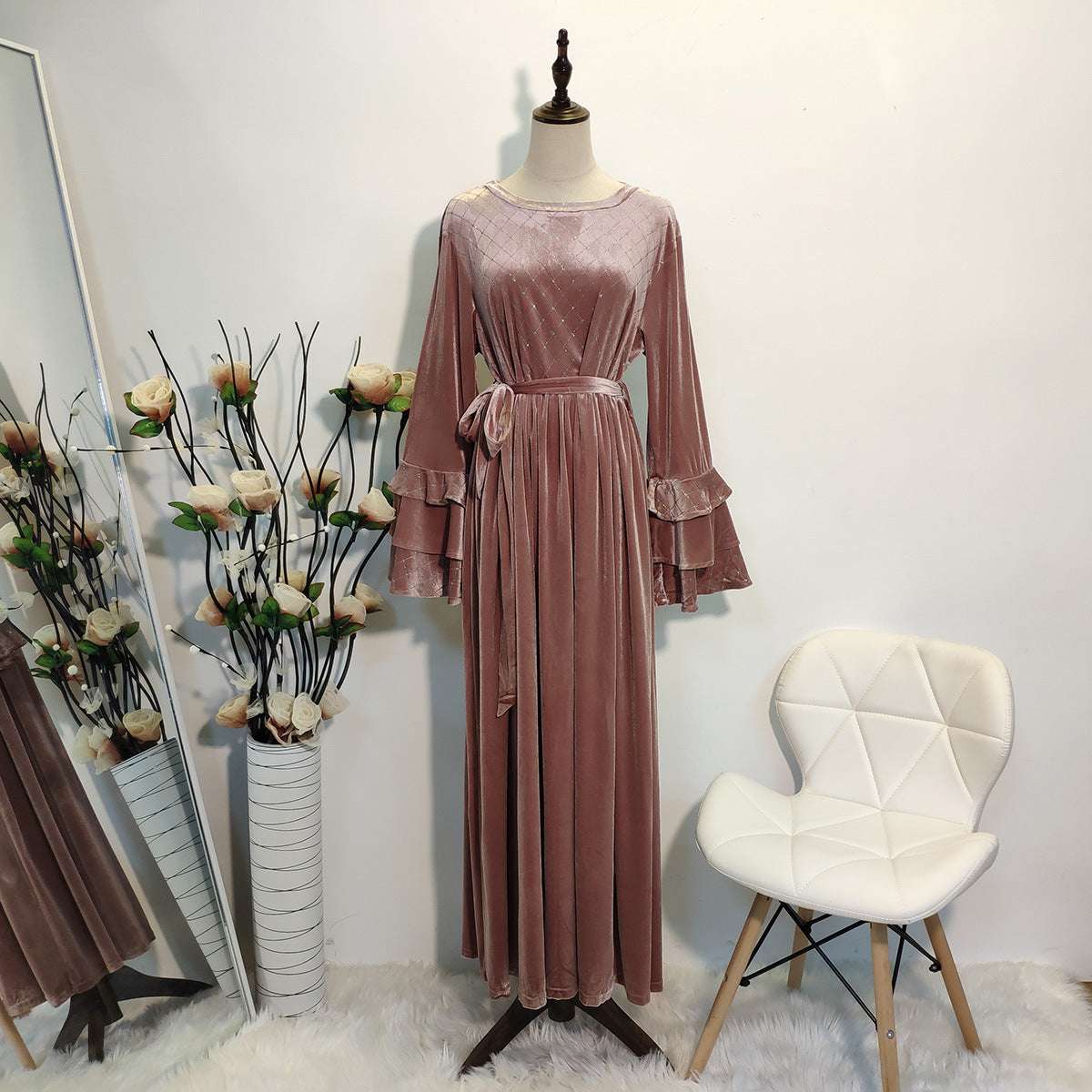 Flare Sleeves Dress, Golden Velvet Dress, Oversized Women's Dress - available at Sparq Mart