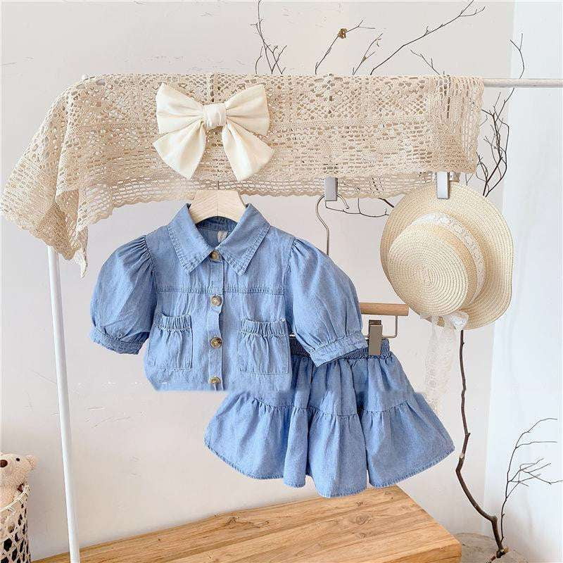 Girls Denim Set, Kids Cotton Two-piece, Puff Sleeve Outfit - available at Sparq Mart