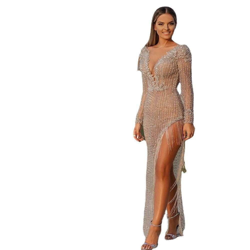 glamorous gold dress, long-sleeved evening dress, sexy long dress - available at Sparq Mart