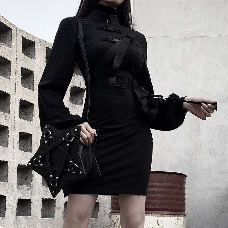 High Waist Elegant Dress, Stand Collar Dress, Streetwear Midi Dress - available at Sparq Mart