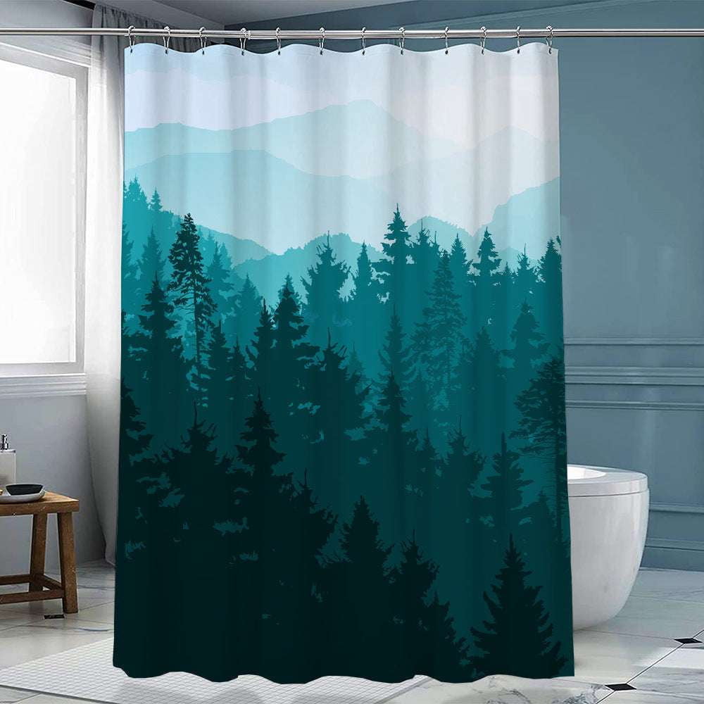 artistic shower decor, ink forest curtain, polyester curtain hook - available at Sparq Mart