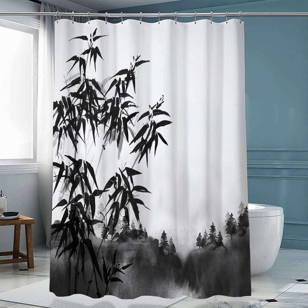 artistic shower decor, ink forest curtain, polyester curtain hook - available at Sparq Mart