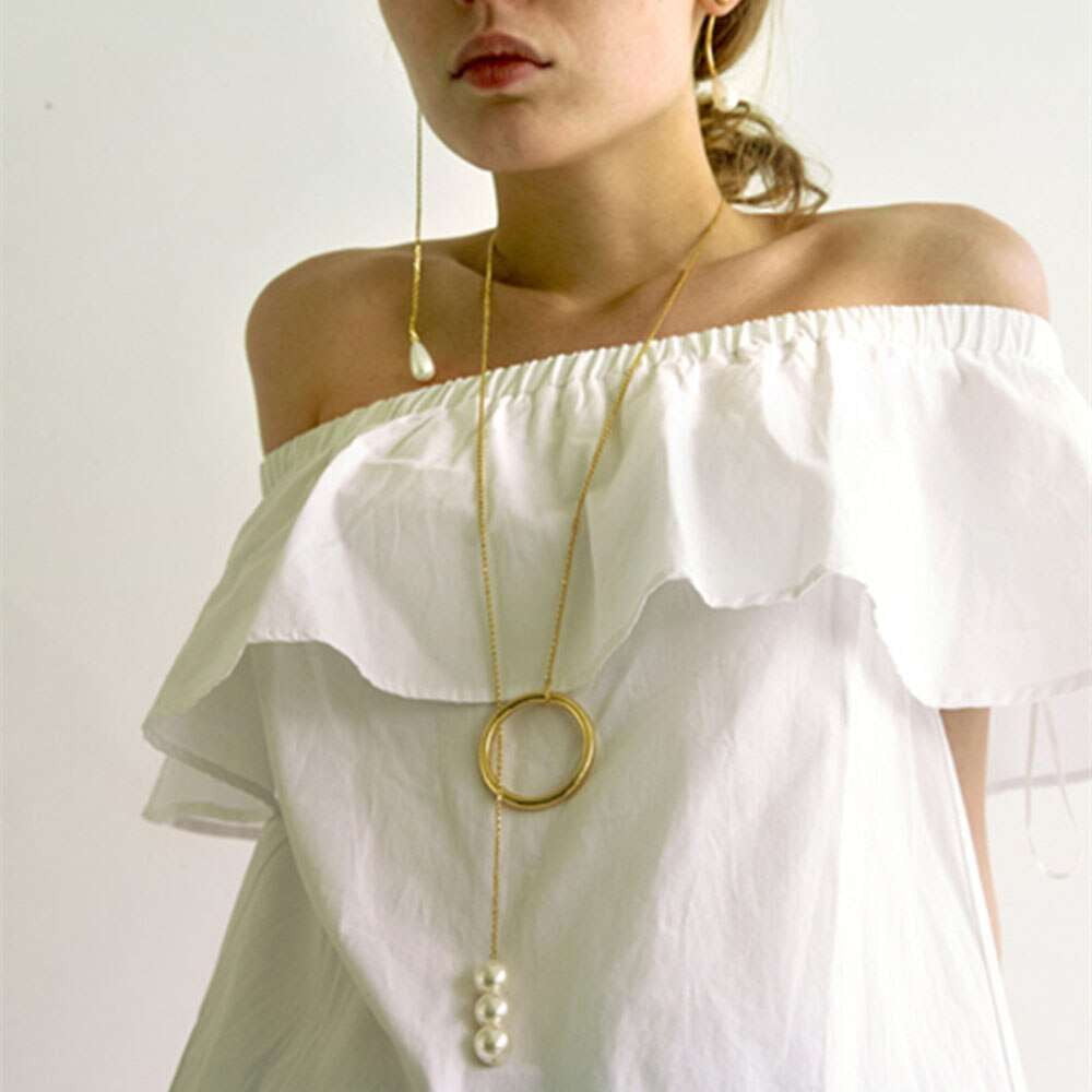 gold sweater chain, Korean pearl necklace, trendy chain accessory - available at Sparq Mart