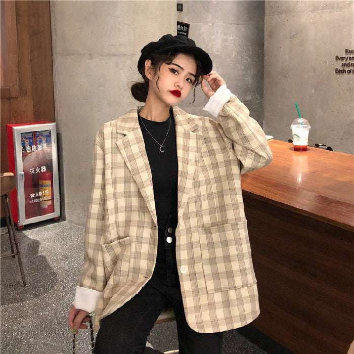 Autumn Layering Fashion, Korean Plaid Coat, Women's Suit Blouse - available at Sparq Mart