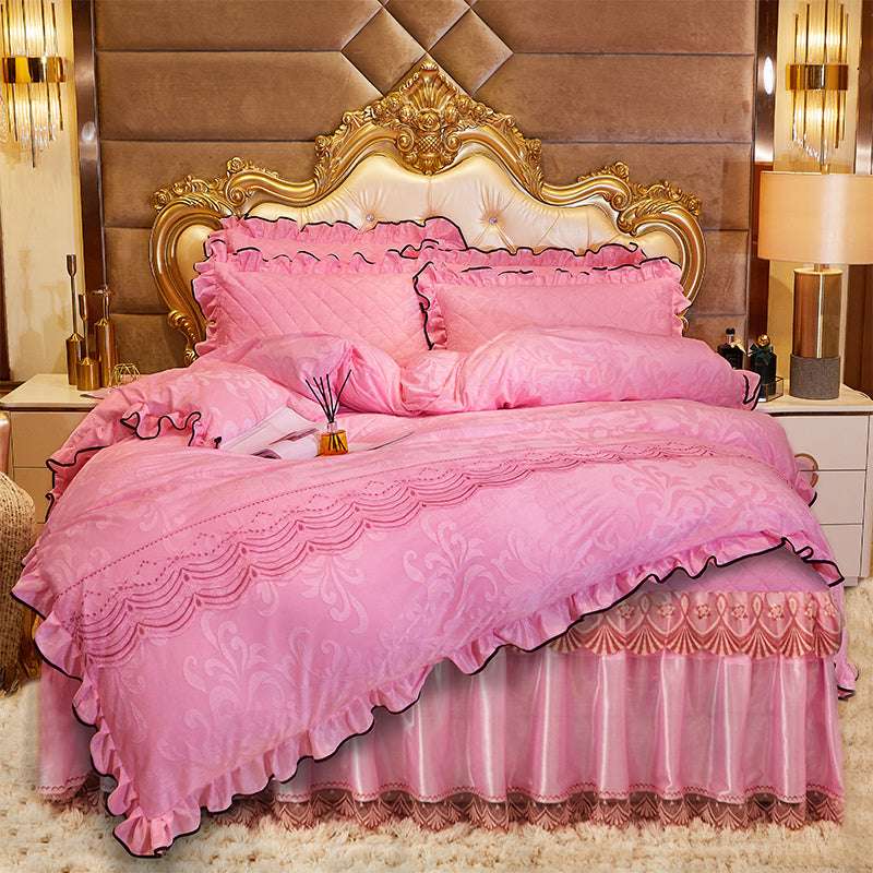 Luxurious bed skirt, Quilted four-piece, Velvet bedding set - available at Sparq Mart