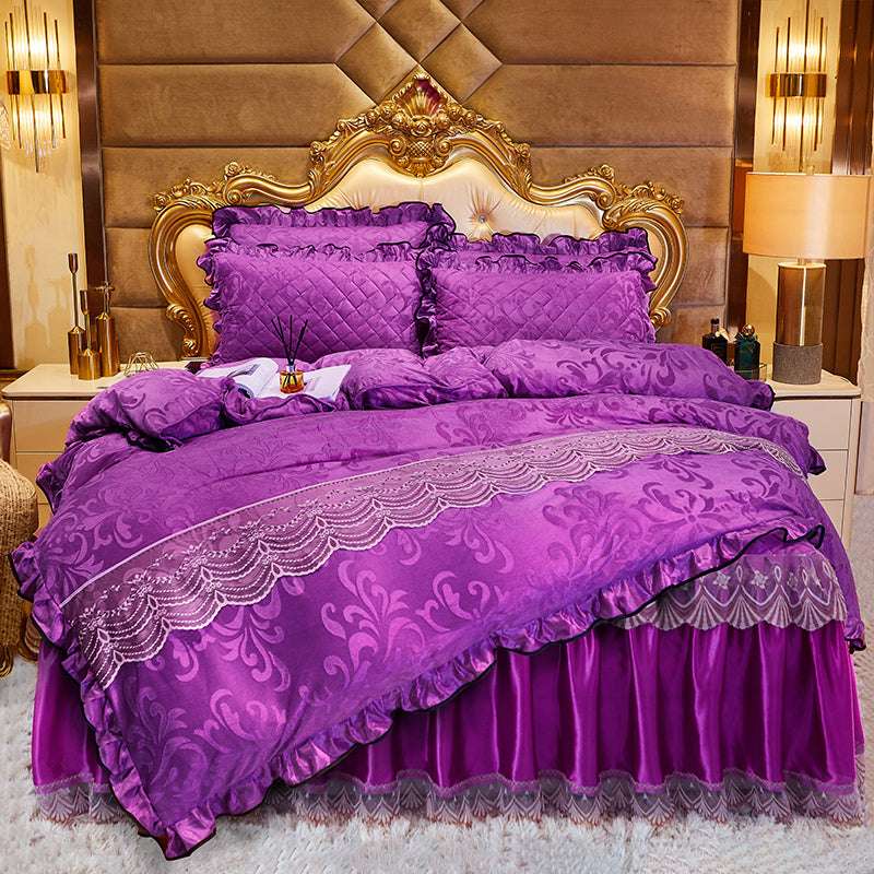 Luxurious bed skirt, Quilted four-piece, Velvet bedding set - available at Sparq Mart