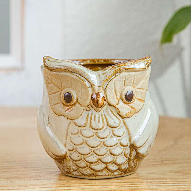 Kiln-Changed Pottery, Owl Planter Set, Succulent Basin Decor - available at Sparq Mart