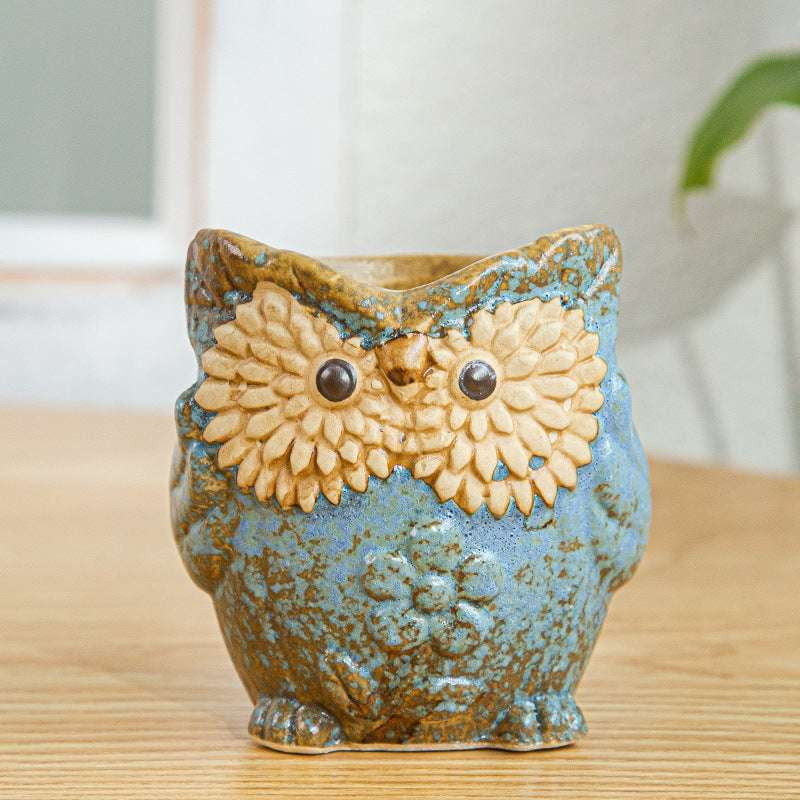 Kiln-Changed Pottery, Owl Planter Set, Succulent Basin Decor - available at Sparq Mart