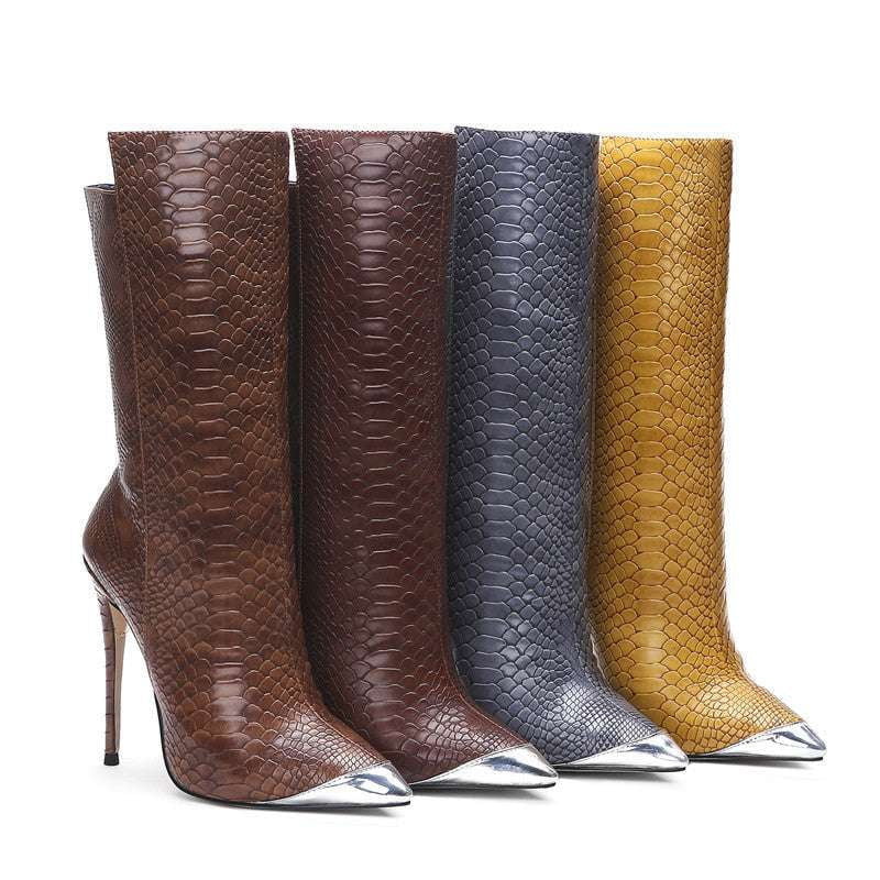 Pointed Heel Booties, Size-Inclusive Footwear, Snakeskin Ankle Boots - available at Sparq Mart