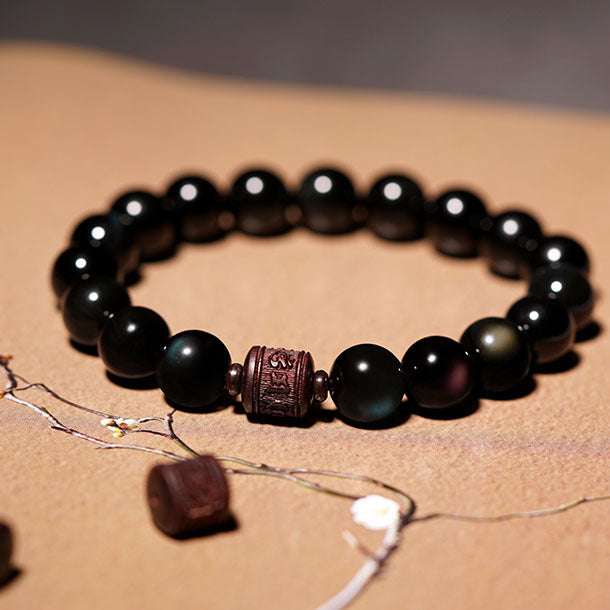 Lobular Red Sandalwood, Male bracelet, Obsidian hand string - available at Sparq Mart