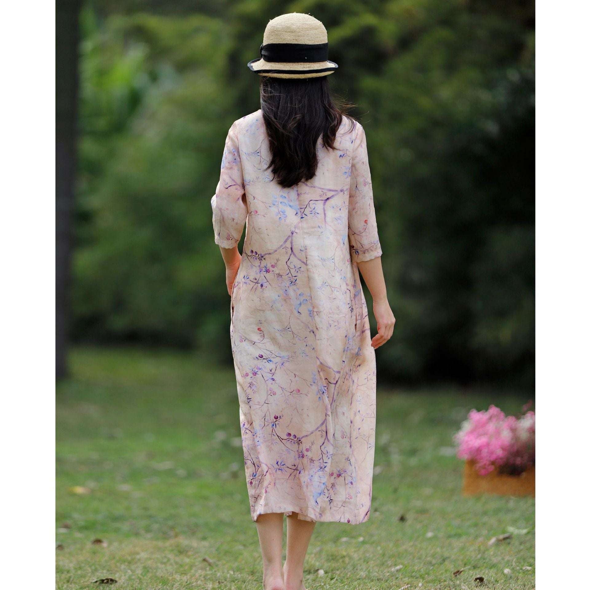 Floral Ramie Dress, Linen Travel Dress, Purple Linen Outfit - available at Sparq Mart