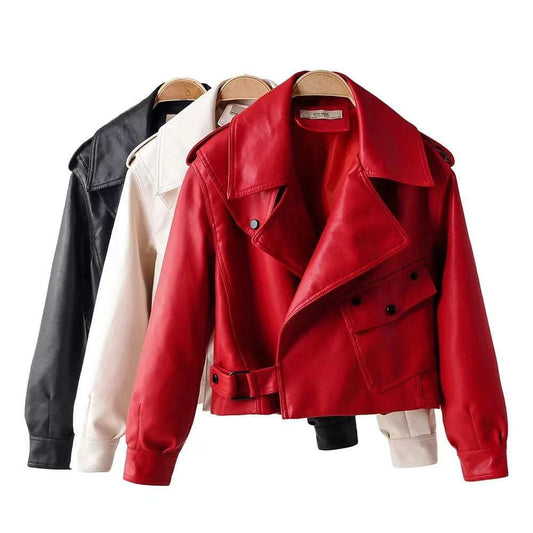 Ladies Biker Jacket, Red Motorcycle Jacket, Short Leather Jacket - available at Sparq Mart