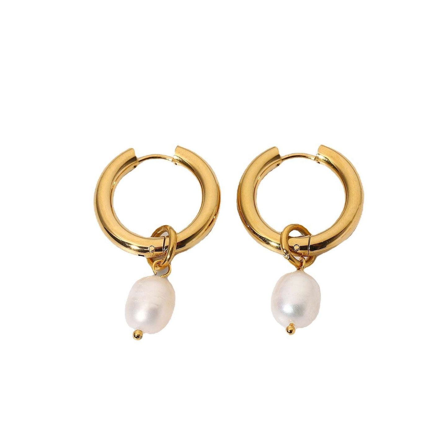 Double Freshwater Pearl, Gold Plated Stainless Steel, Pearl Pendant Earrings - available at Sparq Mart