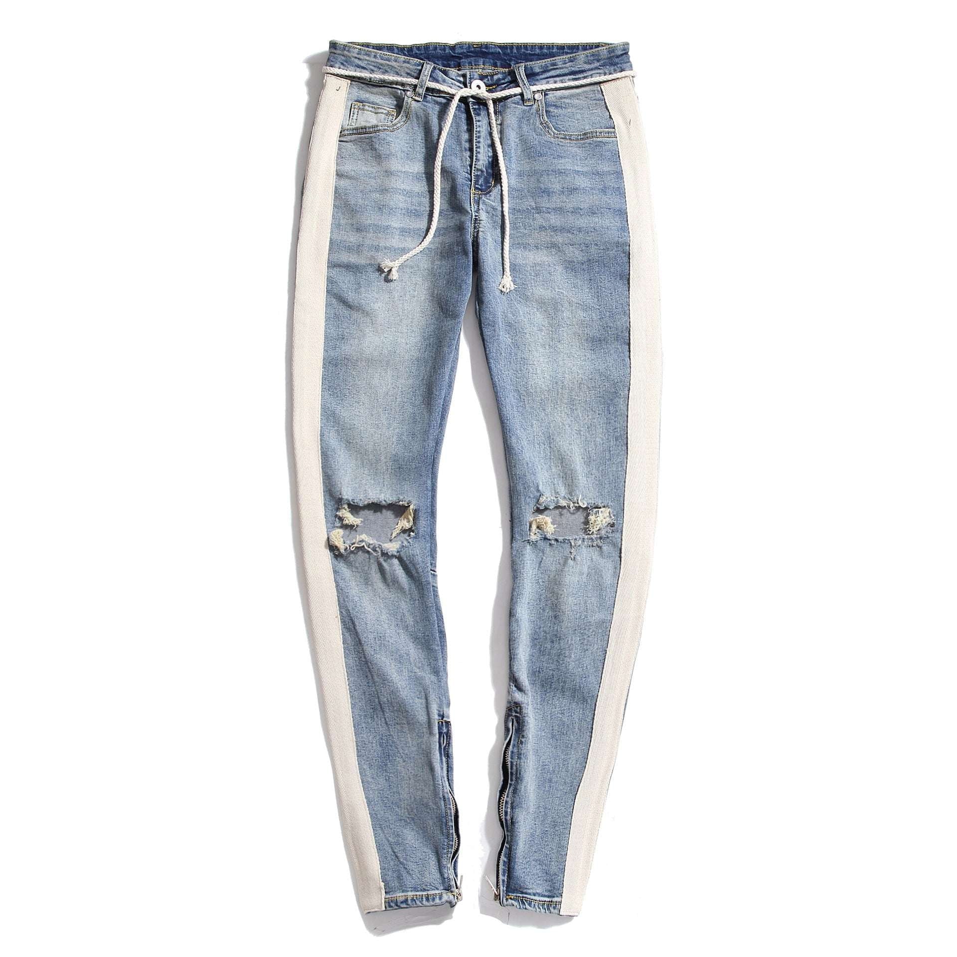 Side Zippered Jeans - Retro Striped Jeans - Destroyed Slim Jeans - available at Sparq Mart